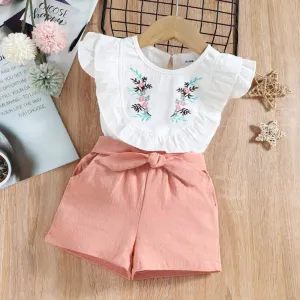2-piece Baby / Toddler Girl Pretty Floral Embroidery Top and Solid Shorts Sets