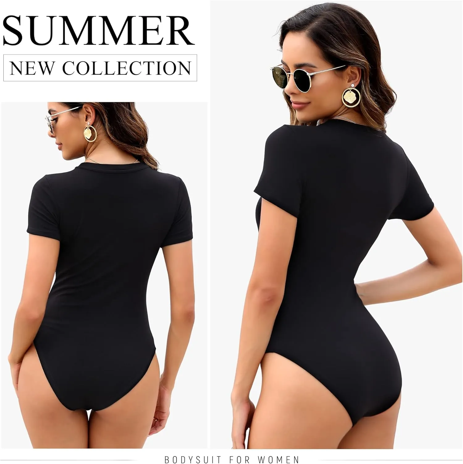 5 Pack Body Suits for Womens Short Sleeve Round Neck Casual Stretchy Basic T Shirt Bodysuit Tops