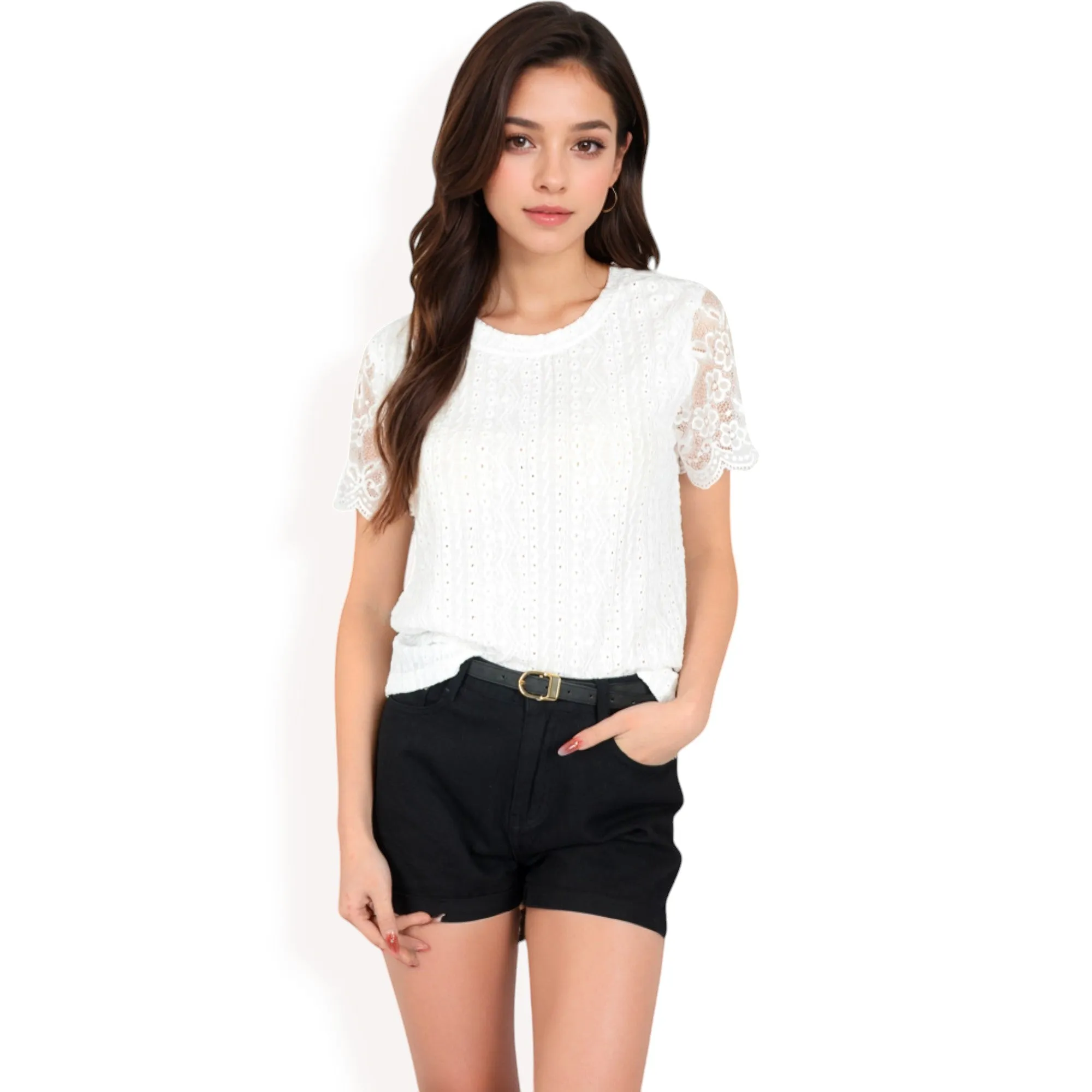 Anna-Kaci Women's Lace Eyelet Top with Scalloped Short Sleeves and Embroidered Details