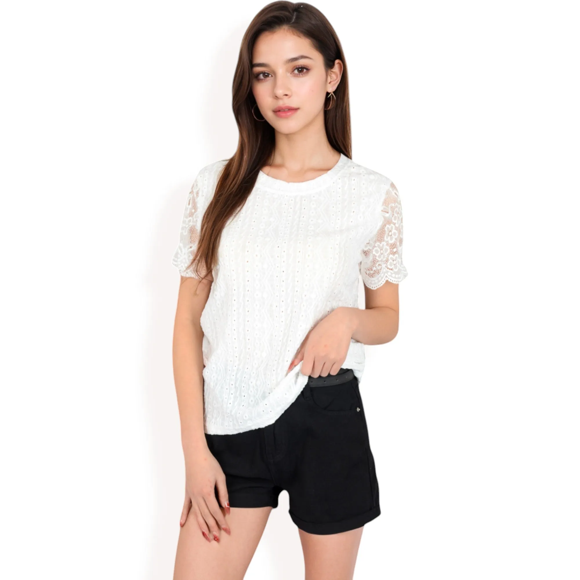Anna-Kaci Women's Lace Eyelet Top with Scalloped Short Sleeves and Embroidered Details