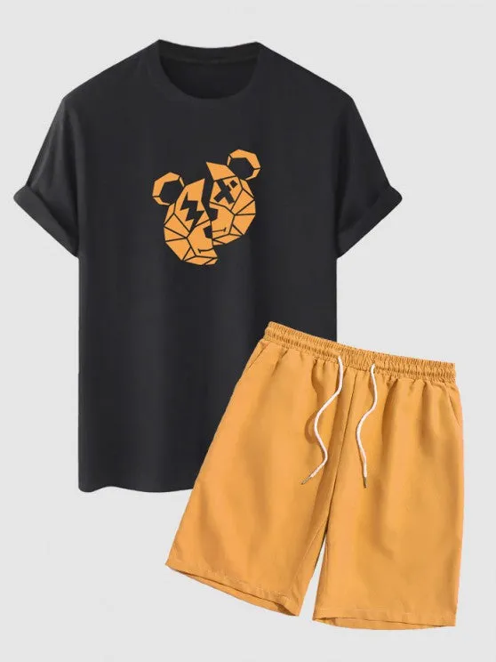 Bear Print T Shirt And Casual Shorts Set