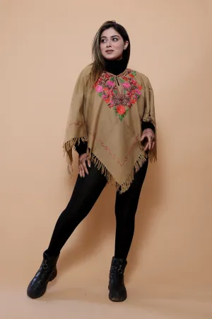 Beige  Colour Ponchu With Elegant Kashmiri Embroidery.