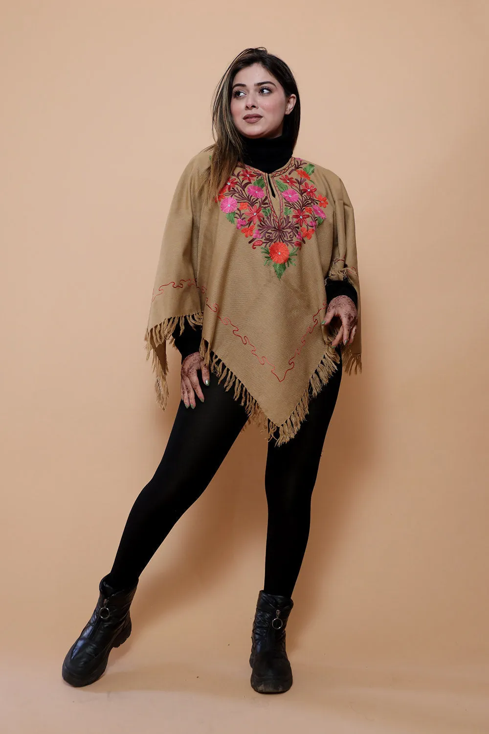 Beige  Colour Ponchu With Elegant Kashmiri Embroidery.