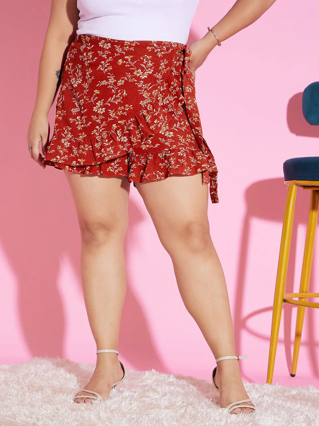 Berrylush Women Plus Size Red & White Floral Printed High-Rise Tie-Up Waist Ruffled Wrap Mini Shorts