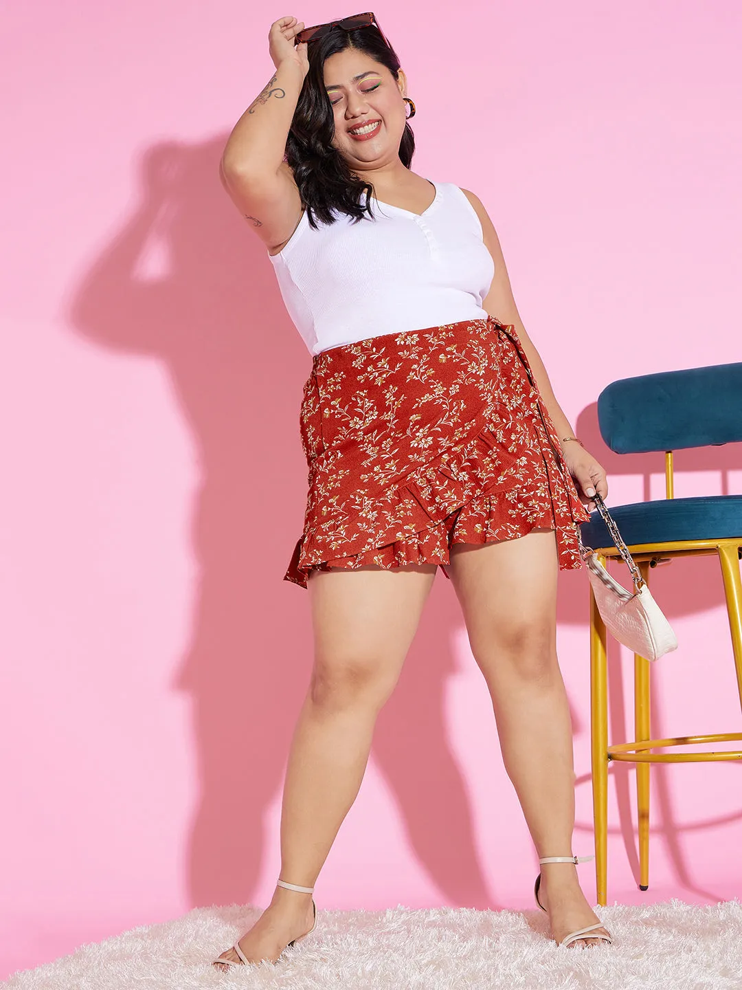 Berrylush Women Plus Size Red & White Floral Printed High-Rise Tie-Up Waist Ruffled Wrap Mini Shorts
