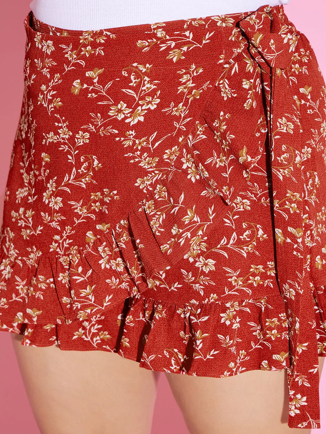 Berrylush Women Plus Size Red & White Floral Printed High-Rise Tie-Up Waist Ruffled Wrap Mini Shorts