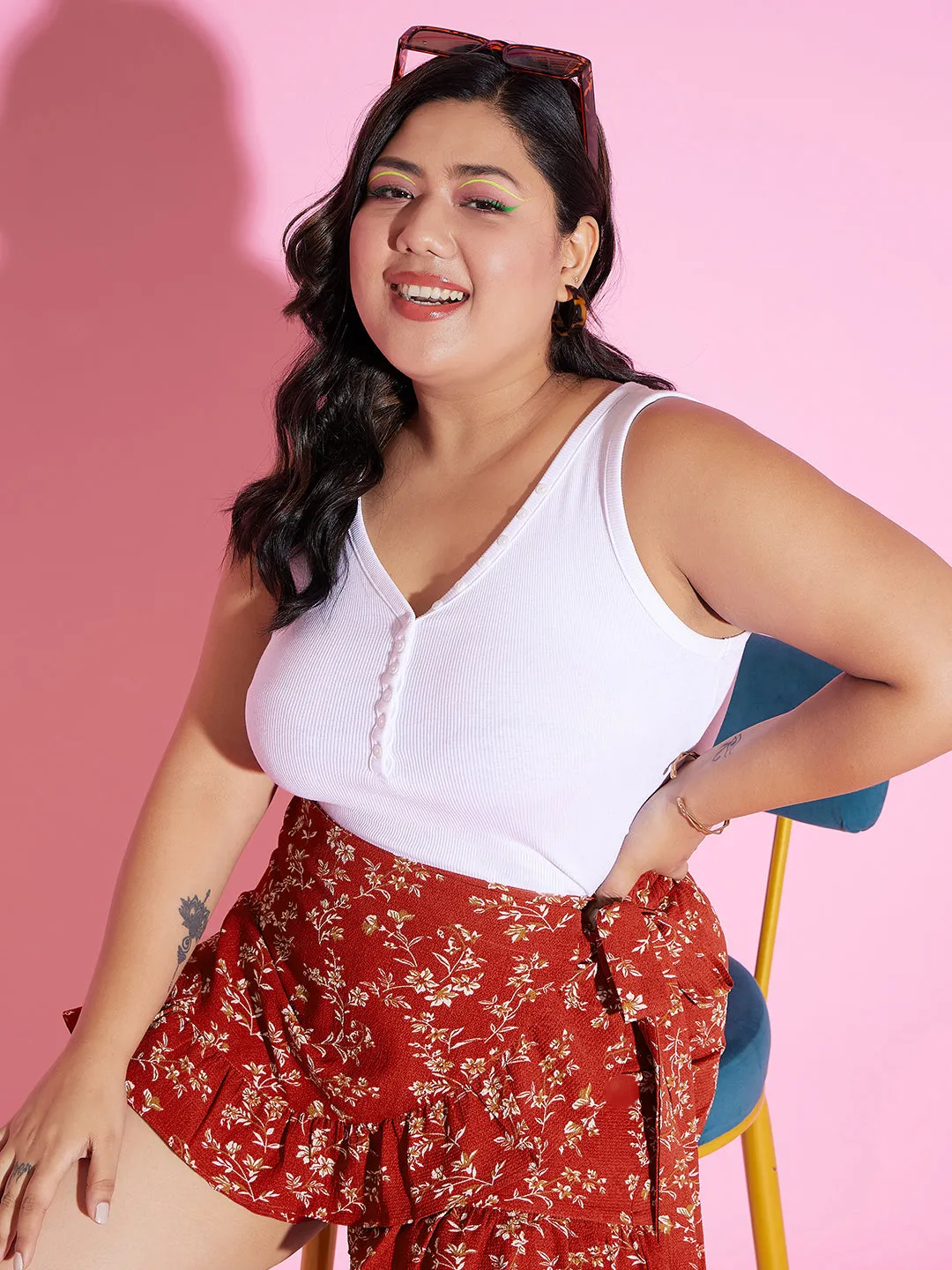Berrylush Women Plus Size Red & White Floral Printed High-Rise Tie-Up Waist Ruffled Wrap Mini Shorts