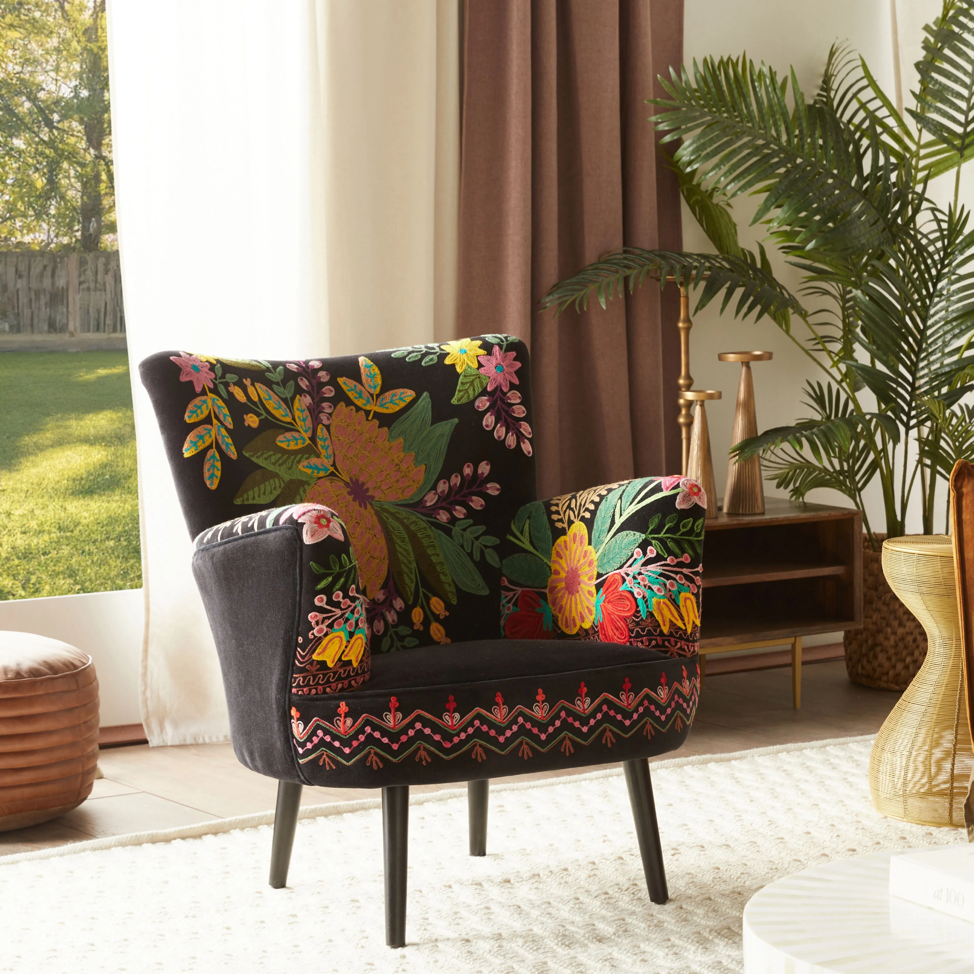 Blossom Embroidered Armchair Black