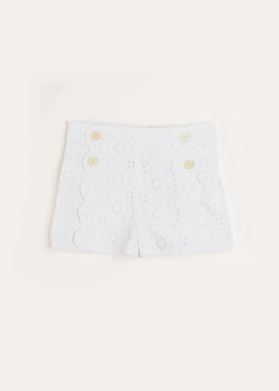 Broderie Anglais Button Detail Shorts in White (4-10yrs)