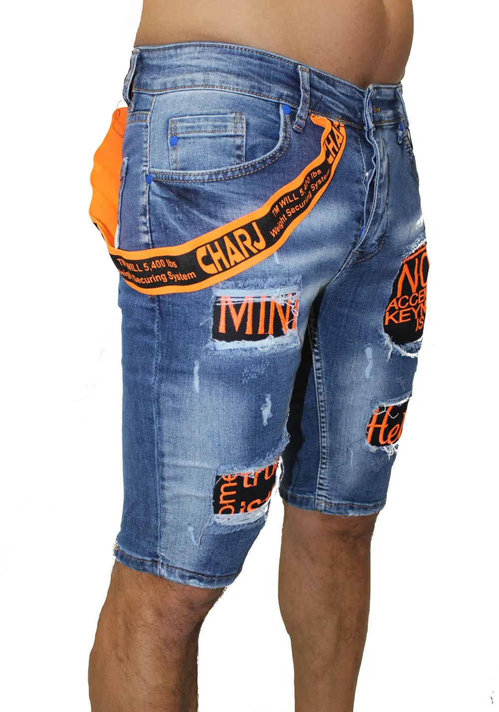 Deric Light Blue Jean Shorts With Patches and Suspender on side
