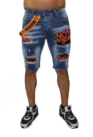 Deric Light Blue Jean Shorts With Patches and Suspender on side