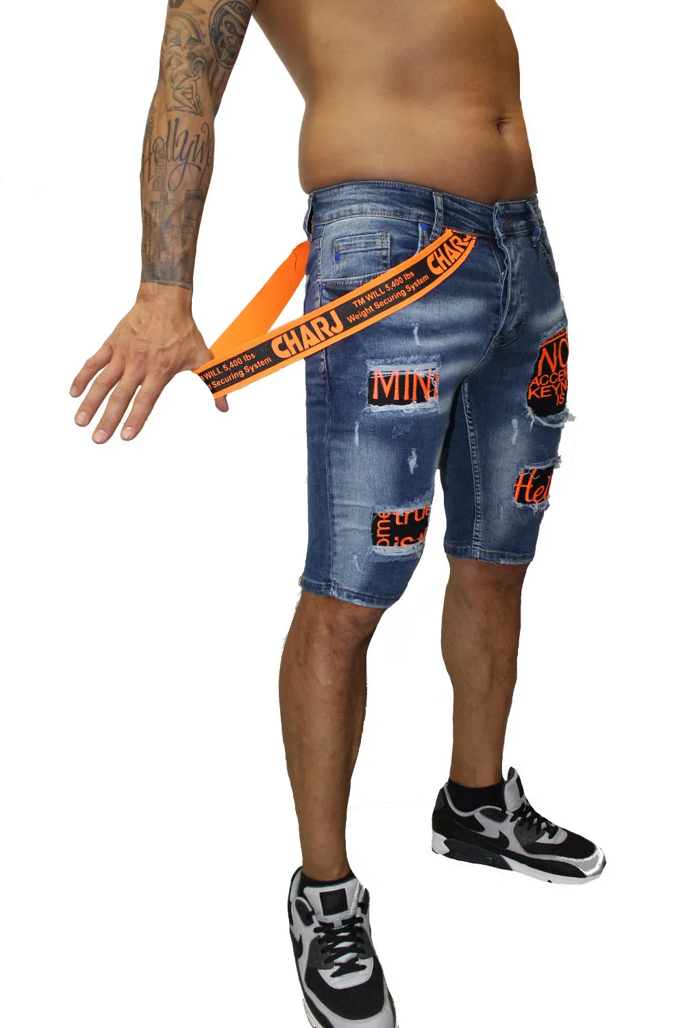 Deric Light Blue Jean Shorts With Patches and Suspender on side