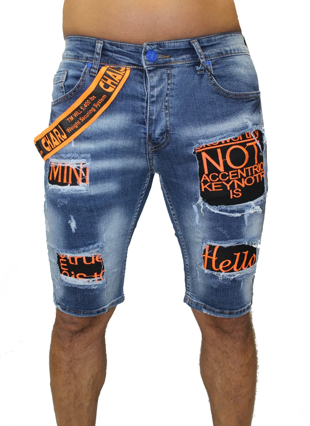 Deric Light Blue Jean Shorts With Patches and Suspender on side