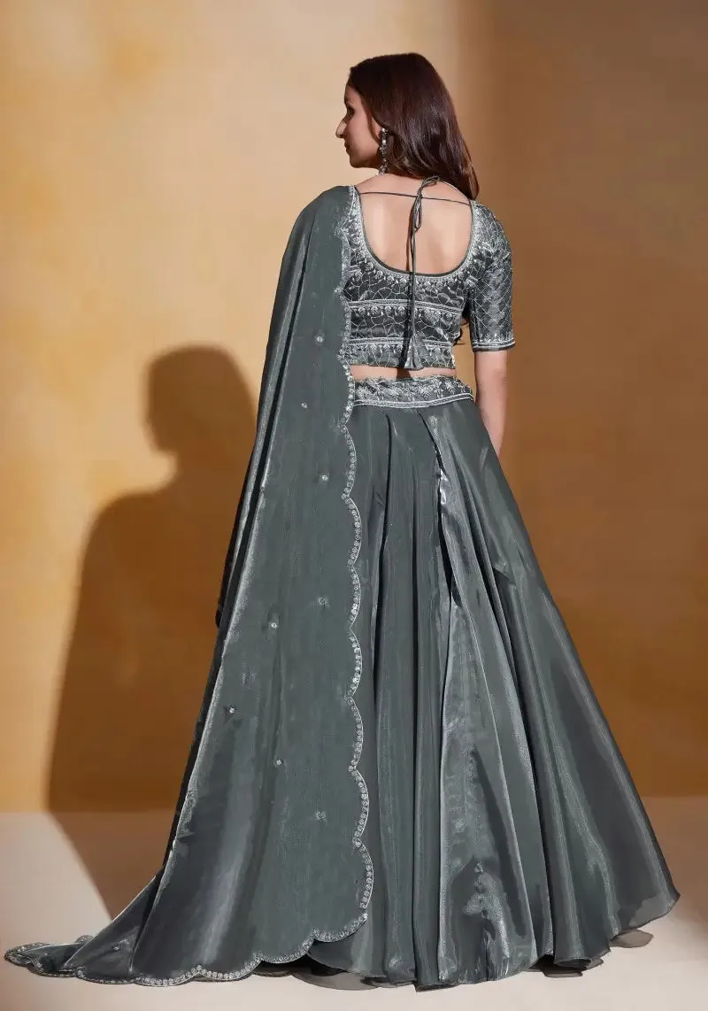 Elegant Grey Organza Silk Embroidered Lehenga Choli