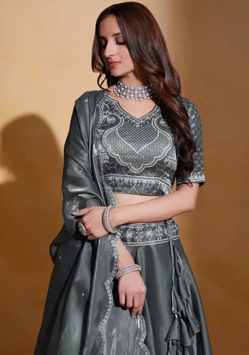 Elegant Grey Organza Silk Embroidered Lehenga Choli