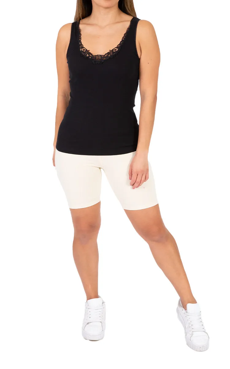 Emmebivi 100% Cotton Singlet With Lace Trim in Black 22332