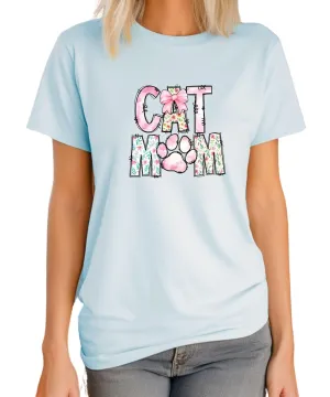 Floral CAT MOM T-Shirt  Cute Pet Lover Graphic Tee, Boho Cat Paw Print Shirt with Bow, Gift for Cat Moms (Ice Blue, Medium)