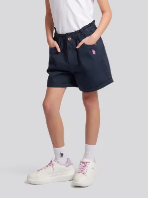 Girls Paperbag Waist Twill Shorts in Navy Iris