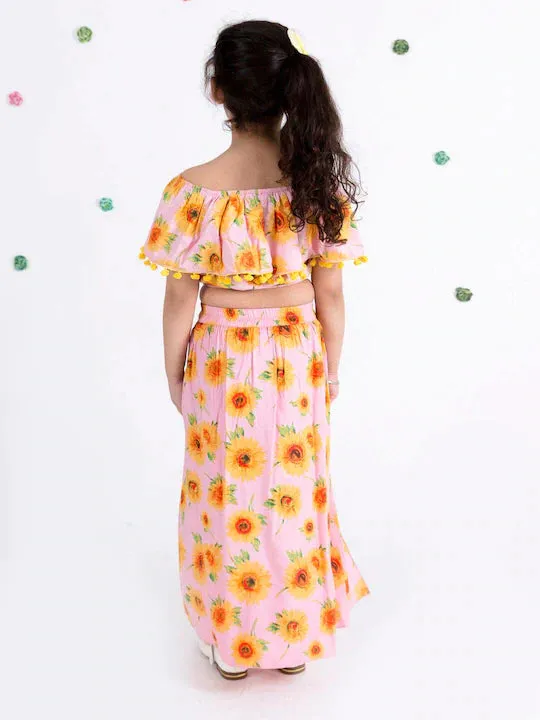 Girls Pink Mustard Printed Top With Skirt