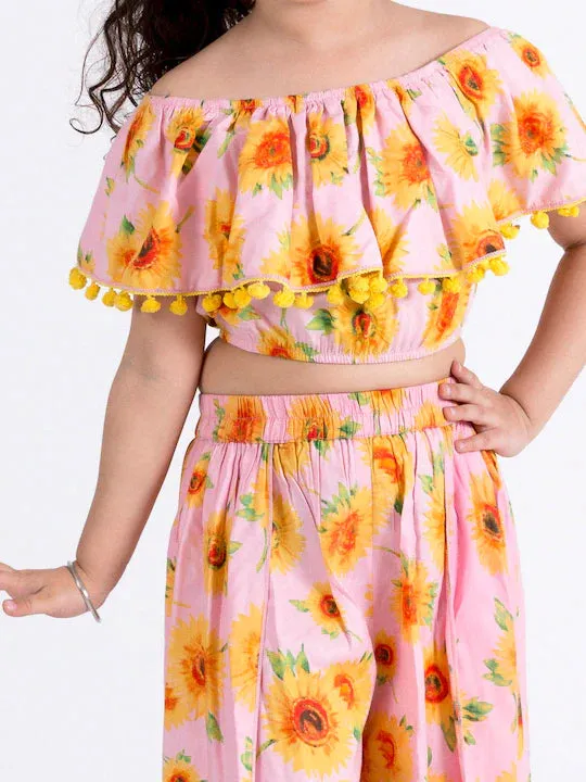 Girls Pink Mustard Printed Top With Skirt