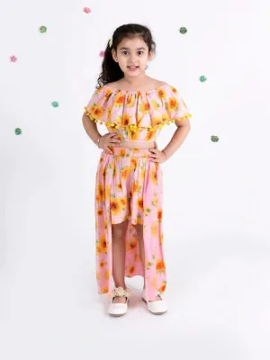 Girls Pink Mustard Printed Top With Skirt