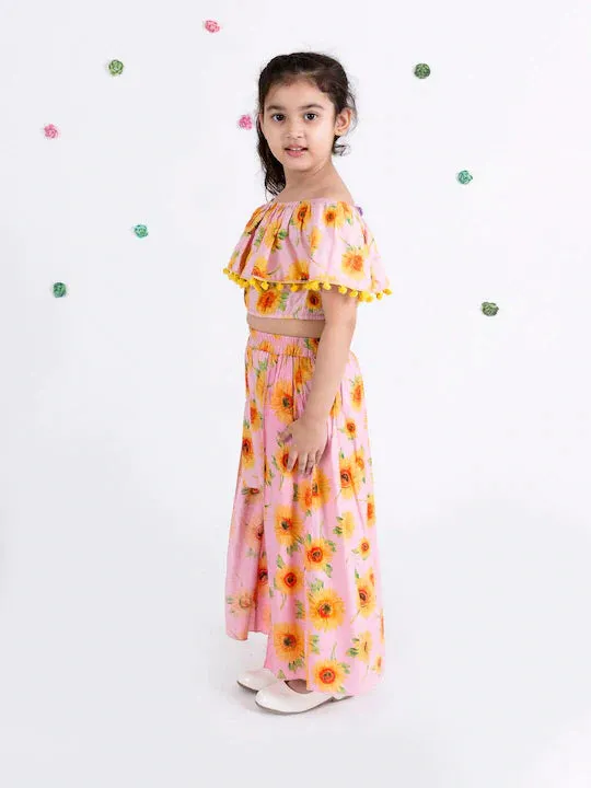 Girls Pink Mustard Printed Top With Skirt
