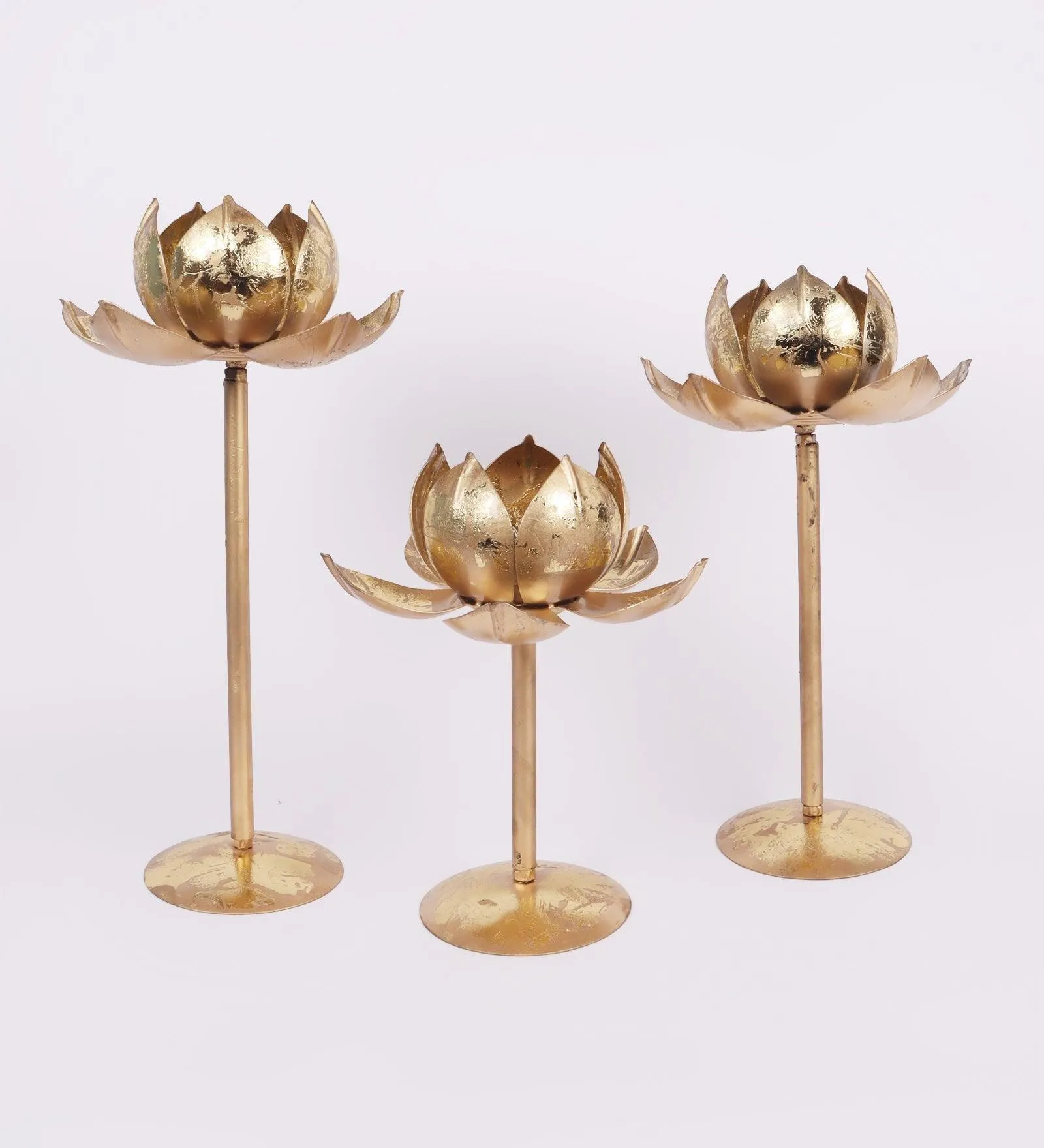 Golden Metallic Lotus Flower Tealight Holder Set Of 3 For Home Decor