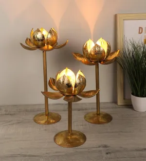 Golden Metallic Lotus Flower Tealight Holder Set Of 3 For Home Decor