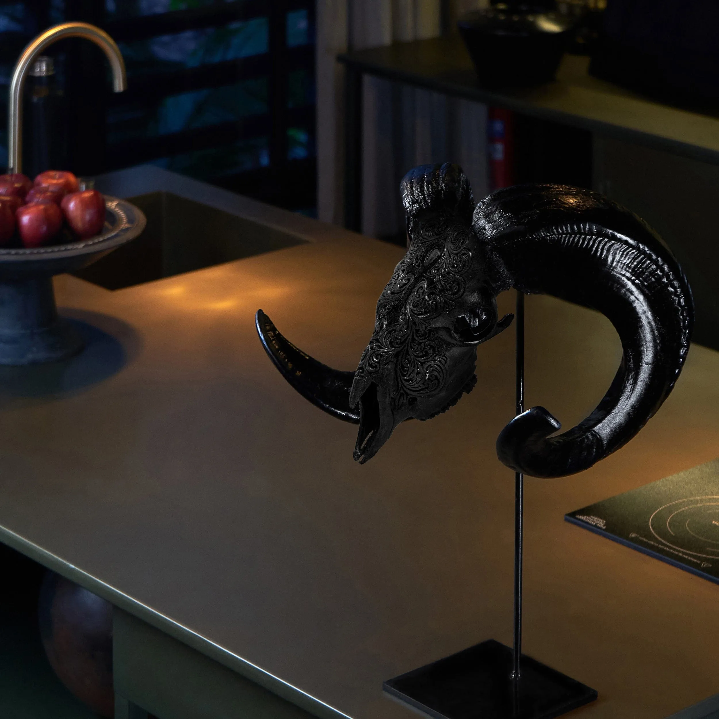 Hand Carved Ram Skull - Mystic Cross // Matte Black Finish