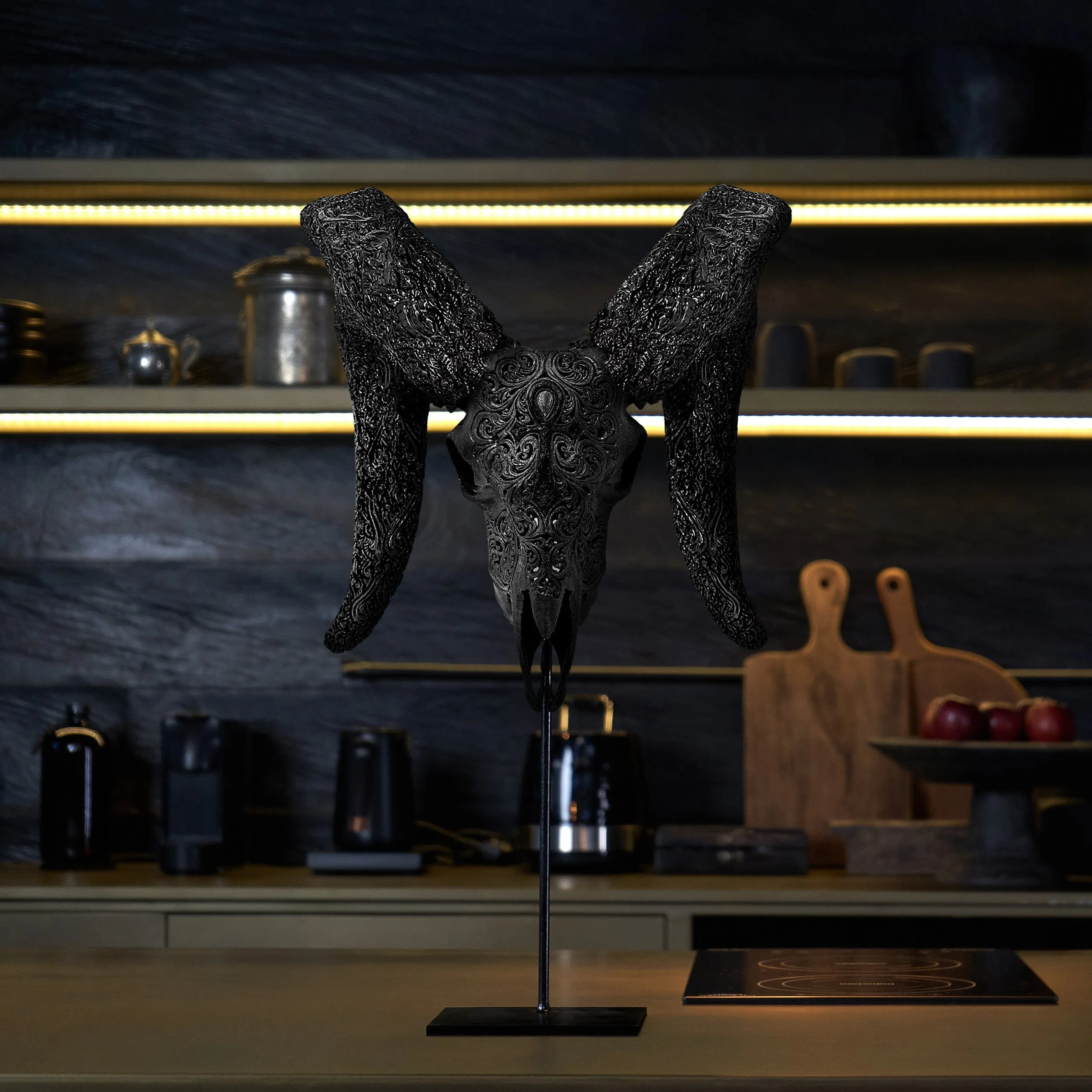 Hand Carved Ram Skull - Mystic Cross // Matte Black Finish