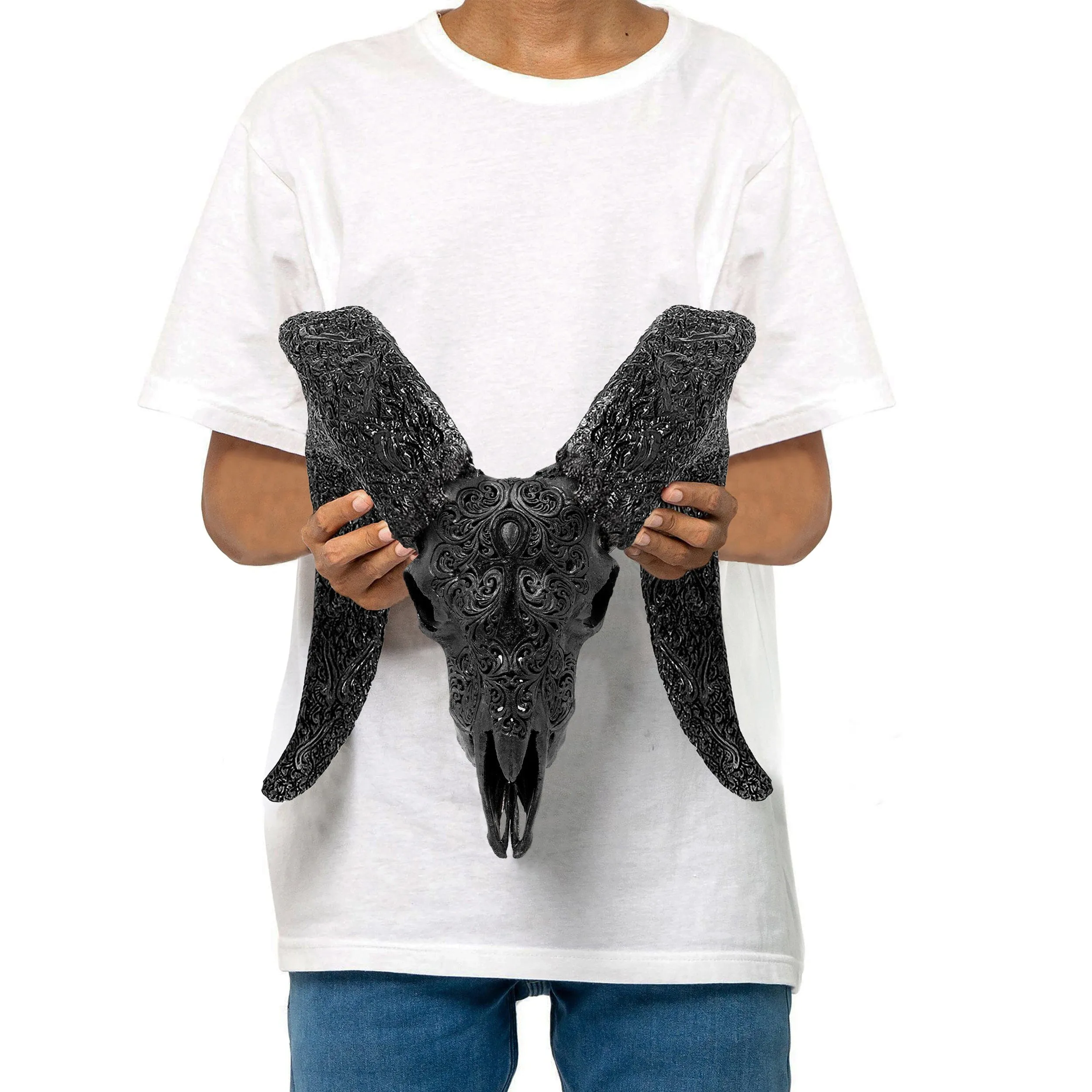 Hand Carved Ram Skull - Mystic Cross // Matte Black Finish