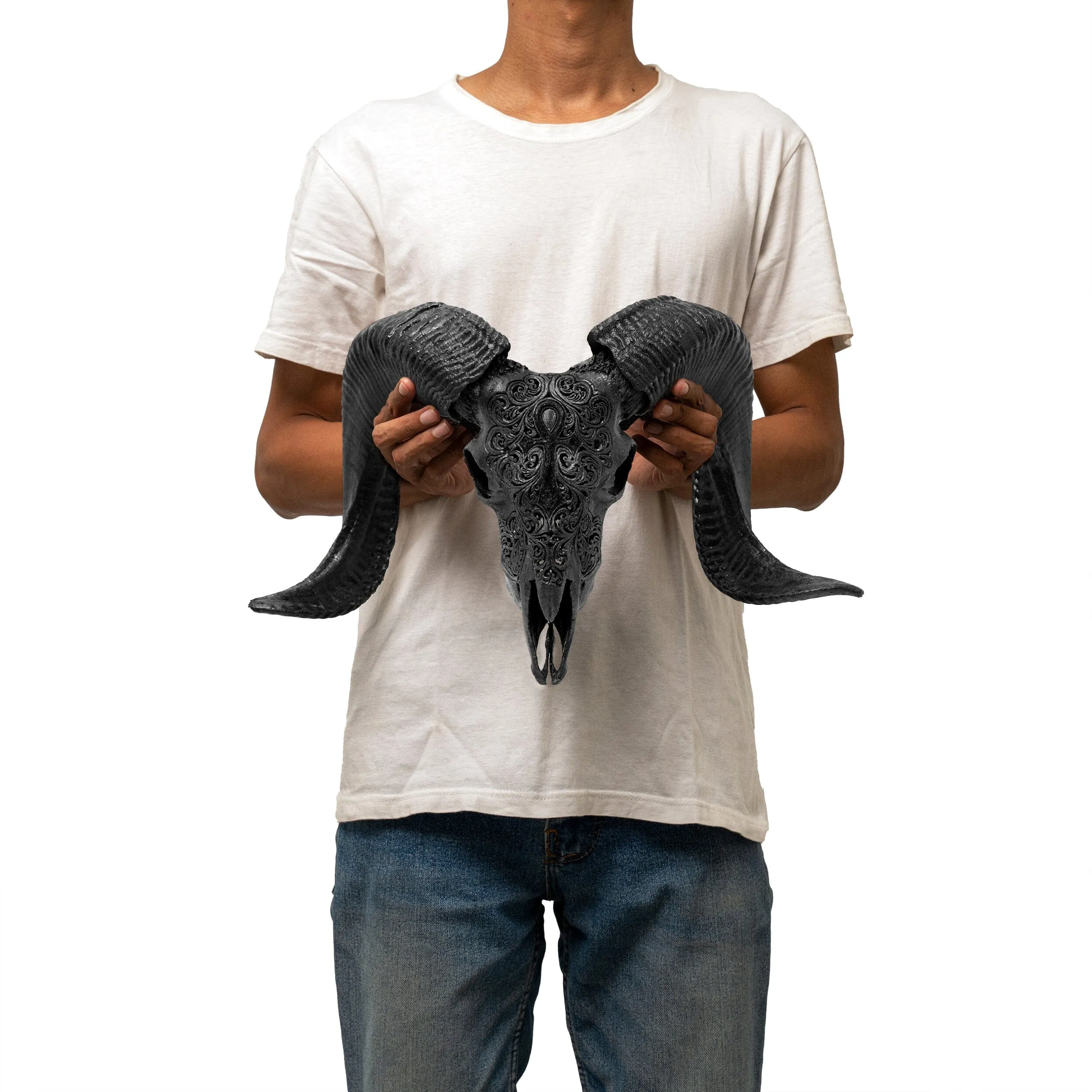 Hand Carved Ram Skull - Mystic Cross // Matte Black Finish