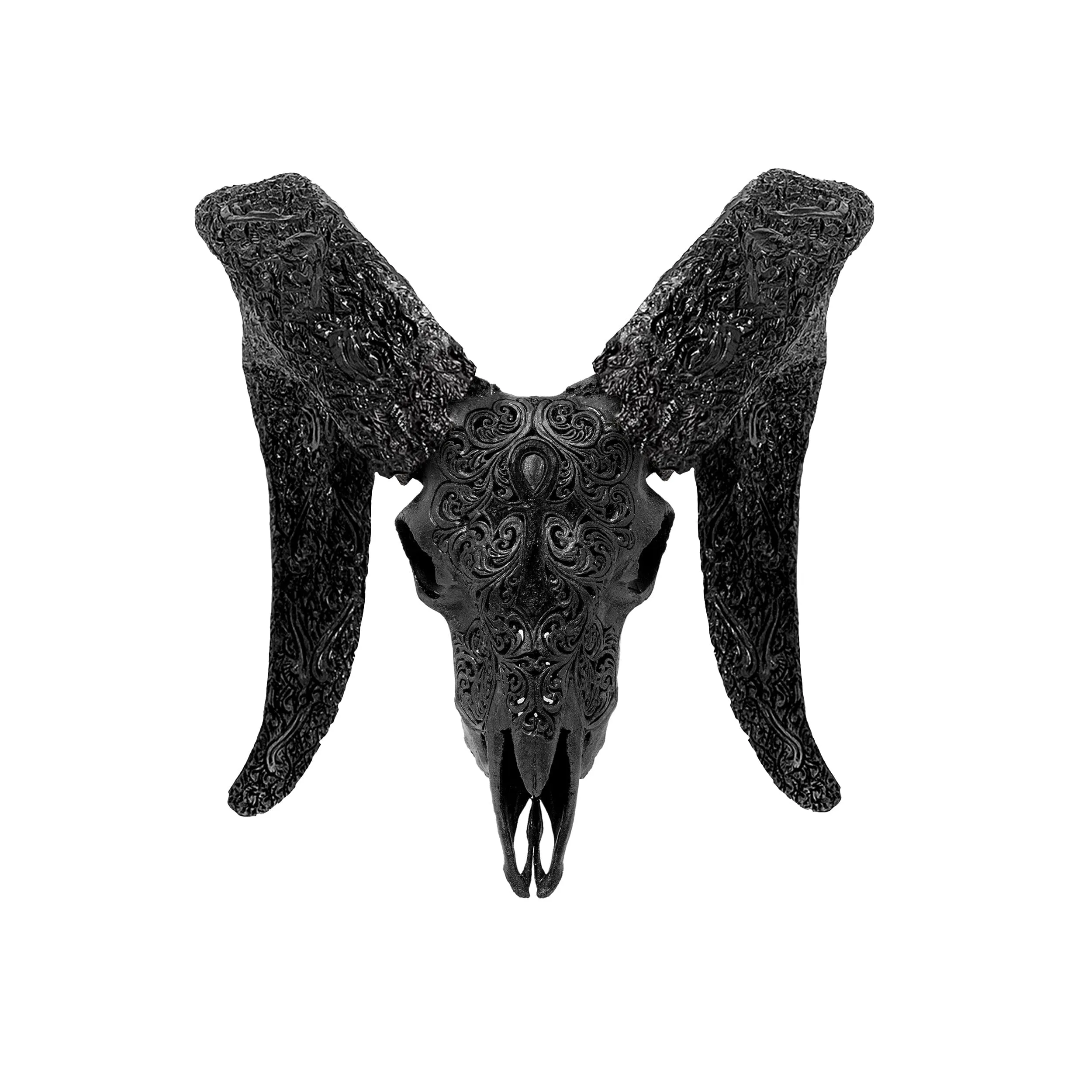 Hand Carved Ram Skull - Mystic Cross // Matte Black Finish