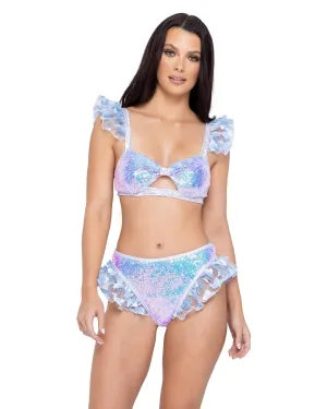 High-Waisted Sequin Shorts with Butterfly Ruffle Trim - Womens Bottom