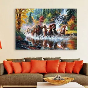 Inephos Unframed Canvas 7 Horses Running Vastu Wall Painting (91 cm x 61 cm, Multicolour)