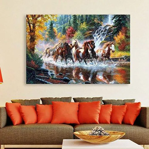 Inephos Unframed Canvas 7 Horses Running Vastu Wall Painting (91 cm x 61 cm, Multicolour)
