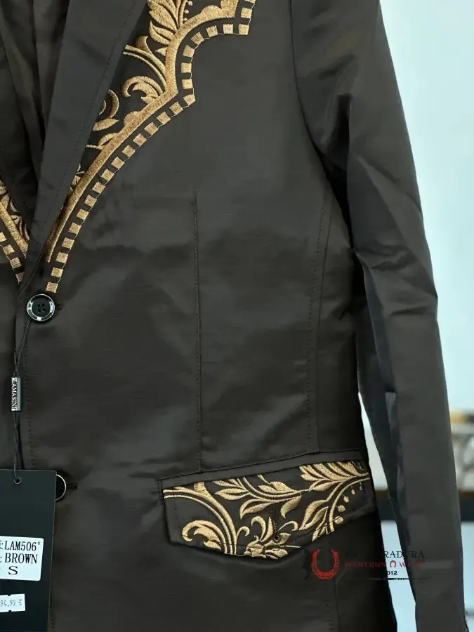 LAMASINI BROWN TAN EMBROIDERED BLAZER 2848