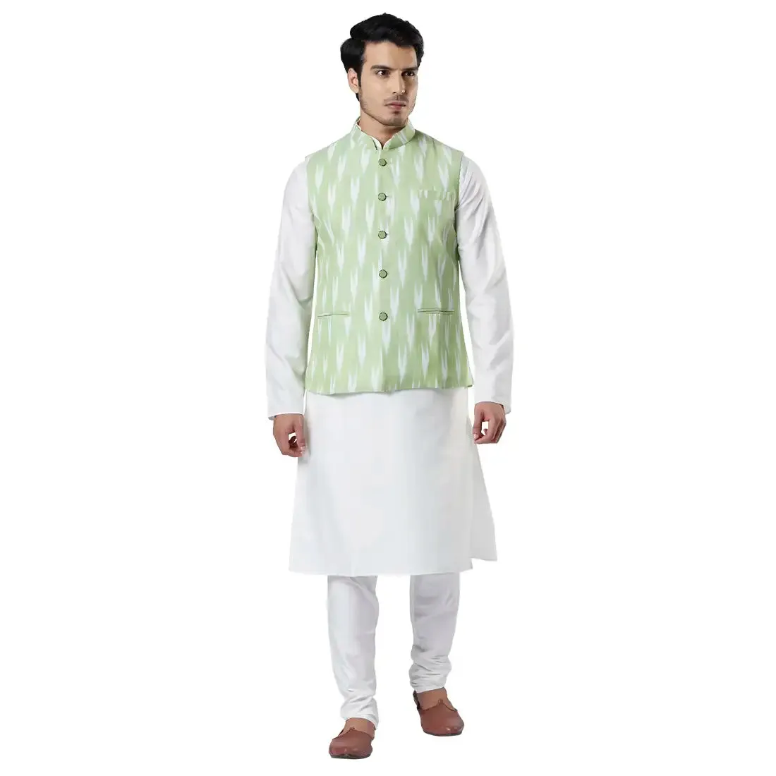 Men Green Polyester Blend Kurta