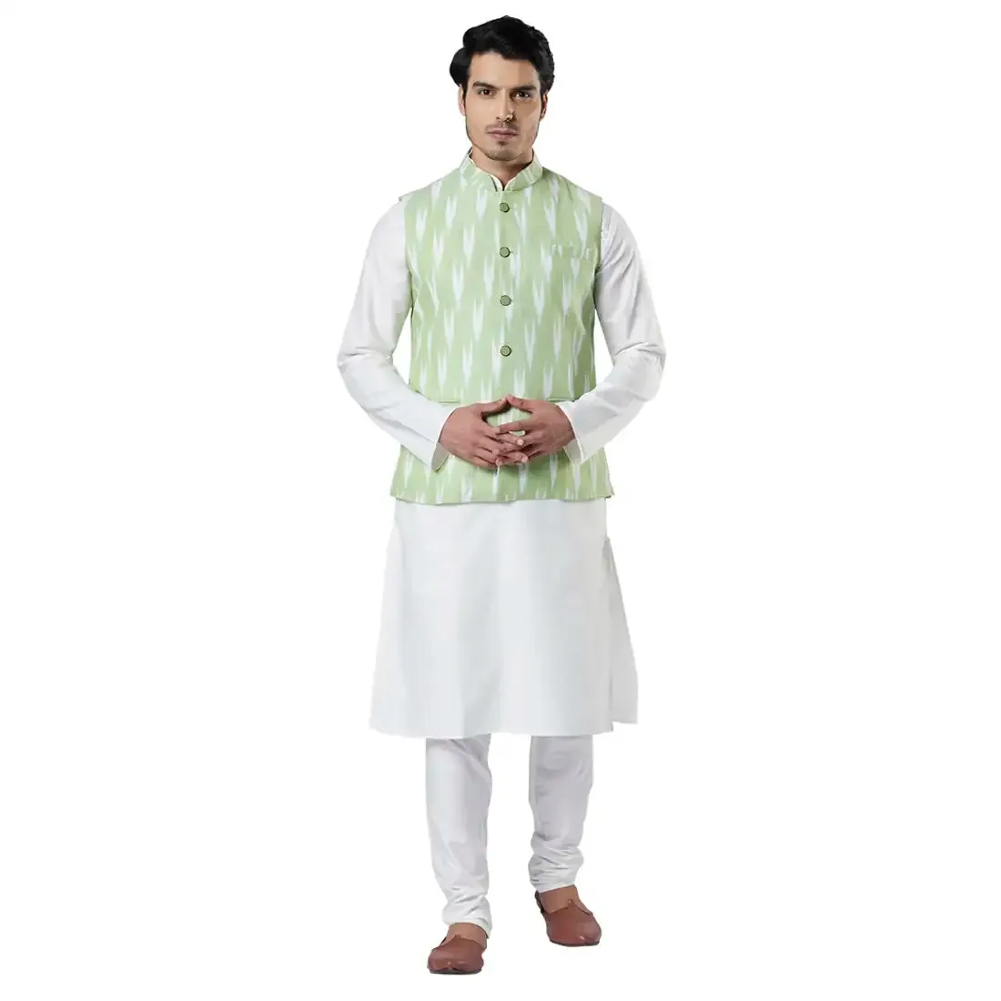 Men Green Polyester Blend Kurta