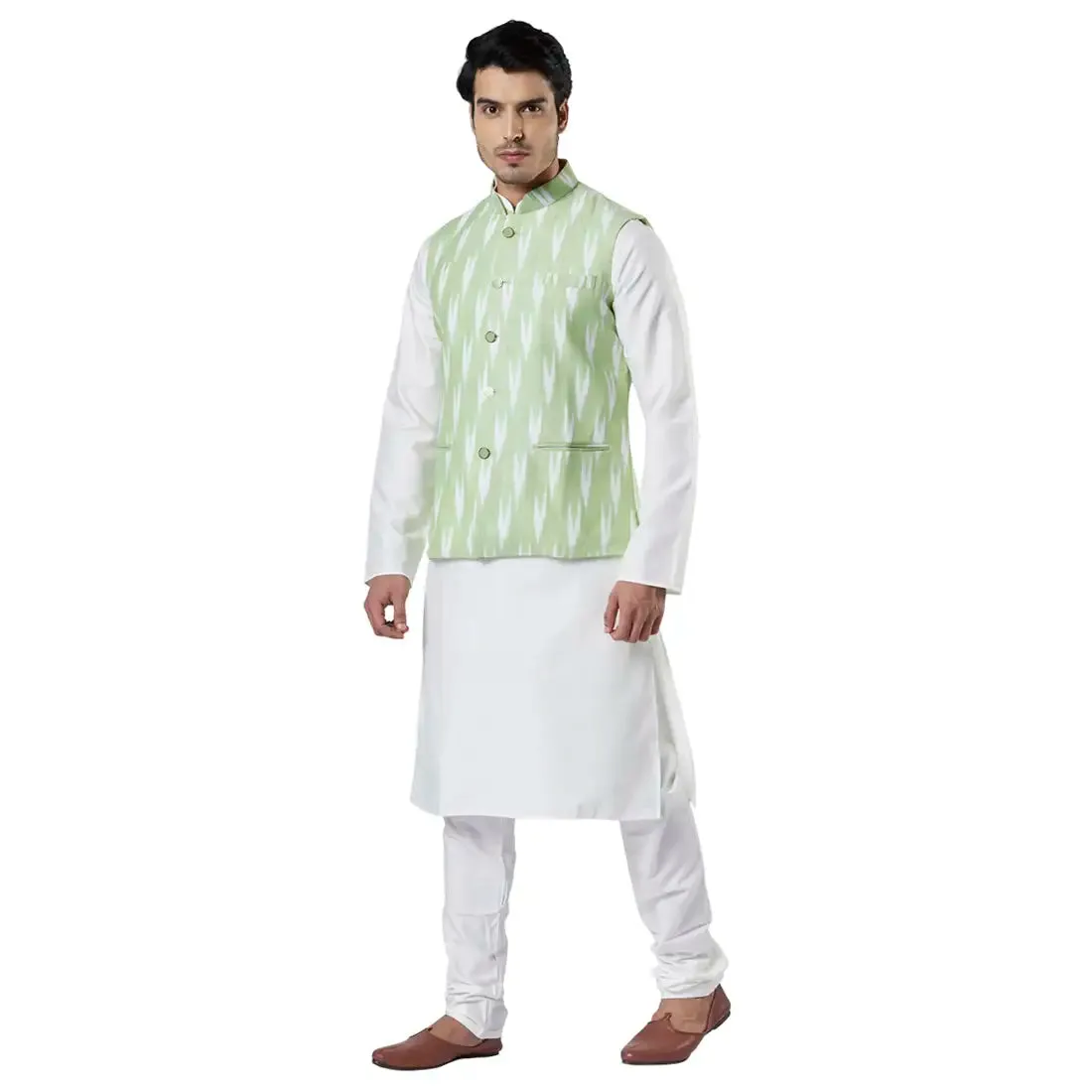 Men Green Polyester Blend Kurta
