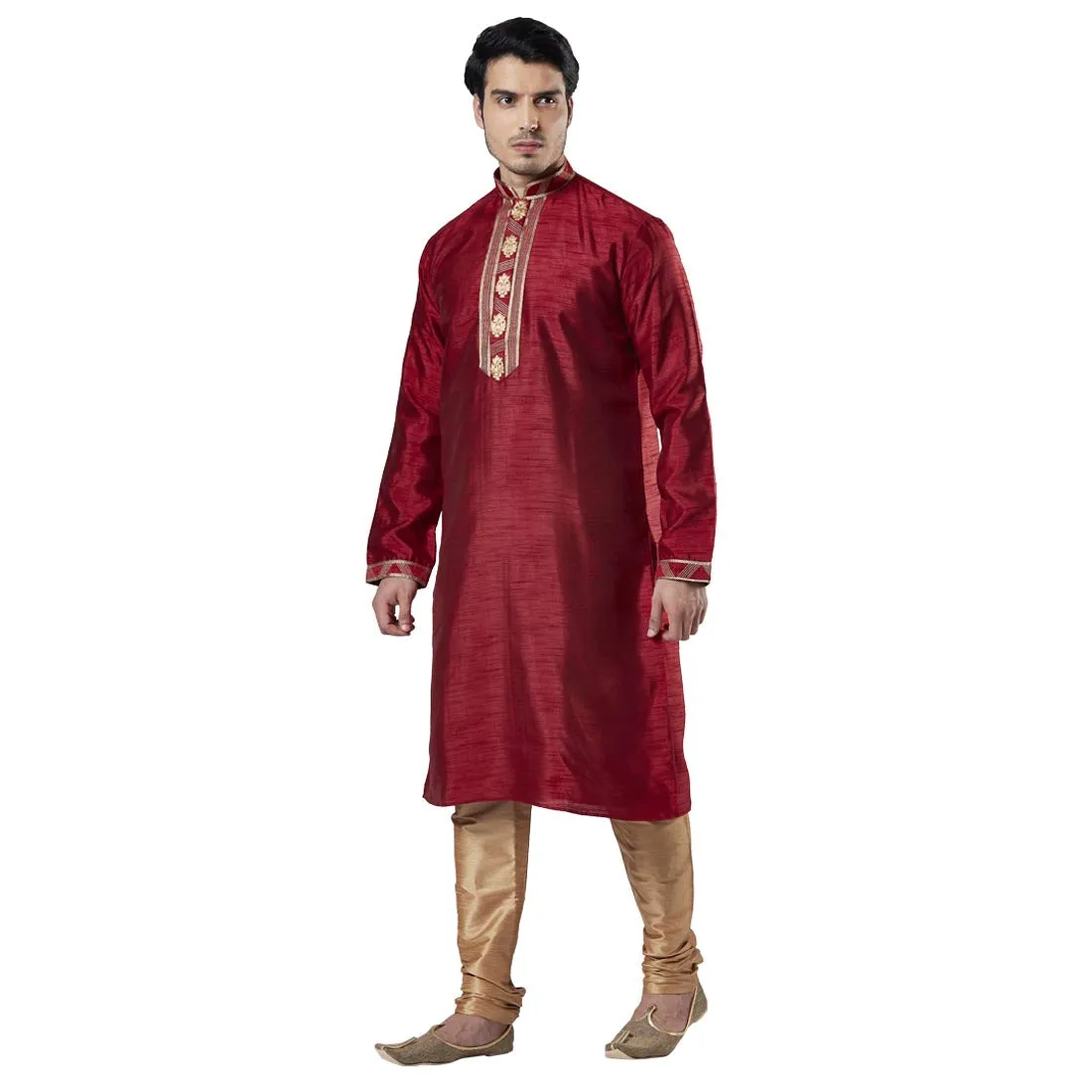 Men Maroon Polyester Blend Kurta