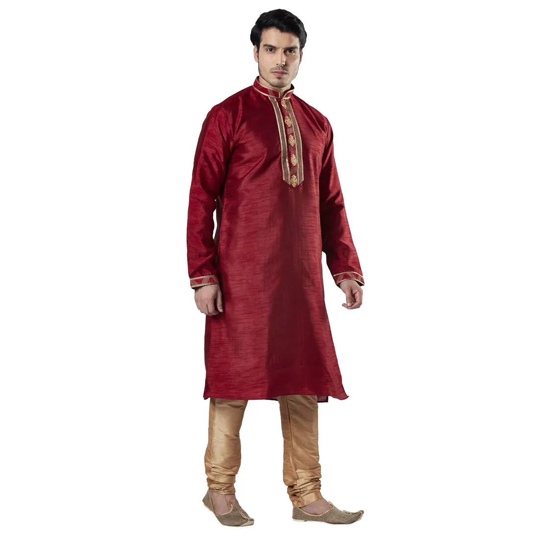 Men Maroon Polyester Blend Kurta