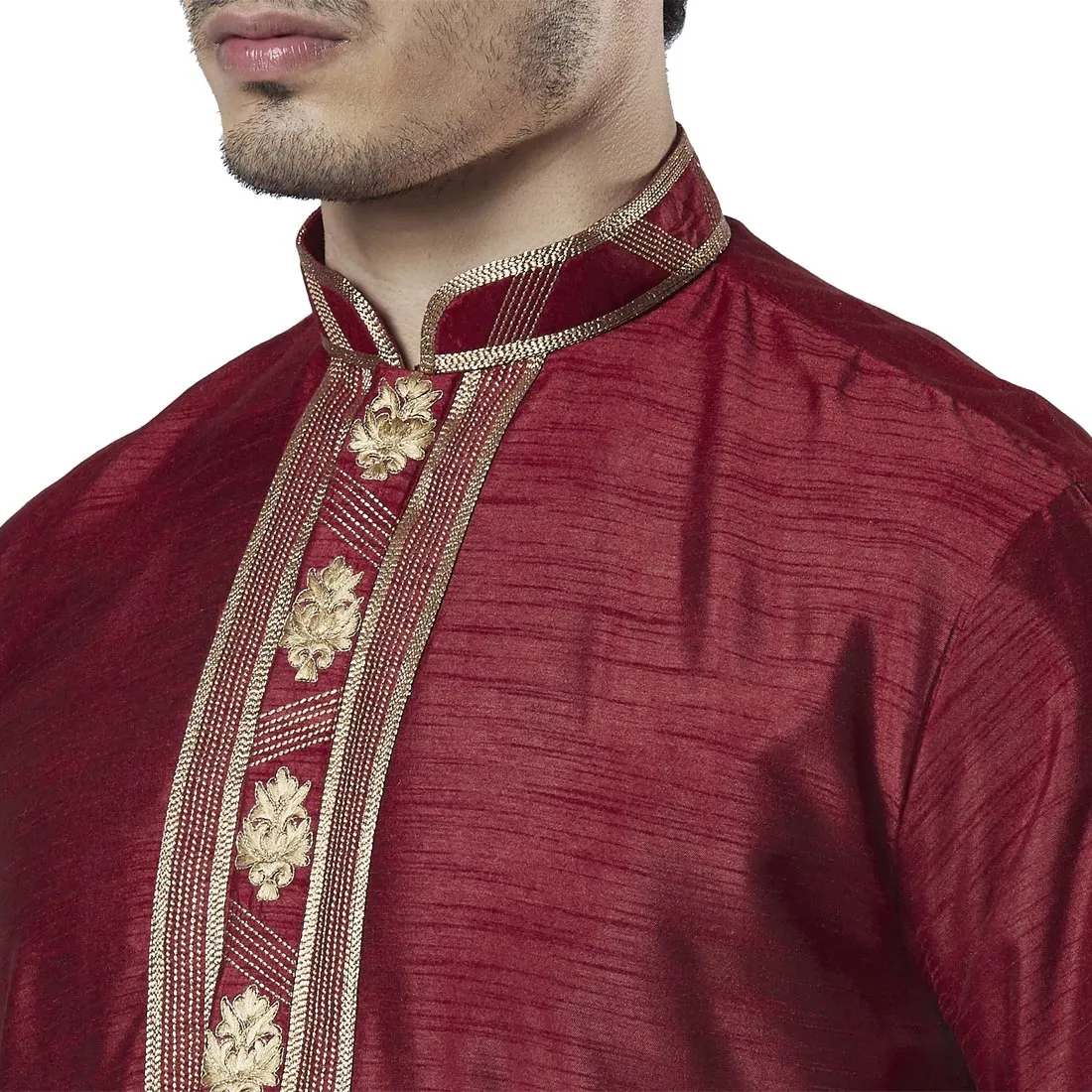 Men Maroon Polyester Blend Kurta