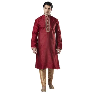 Men Maroon Polyester Blend Kurta