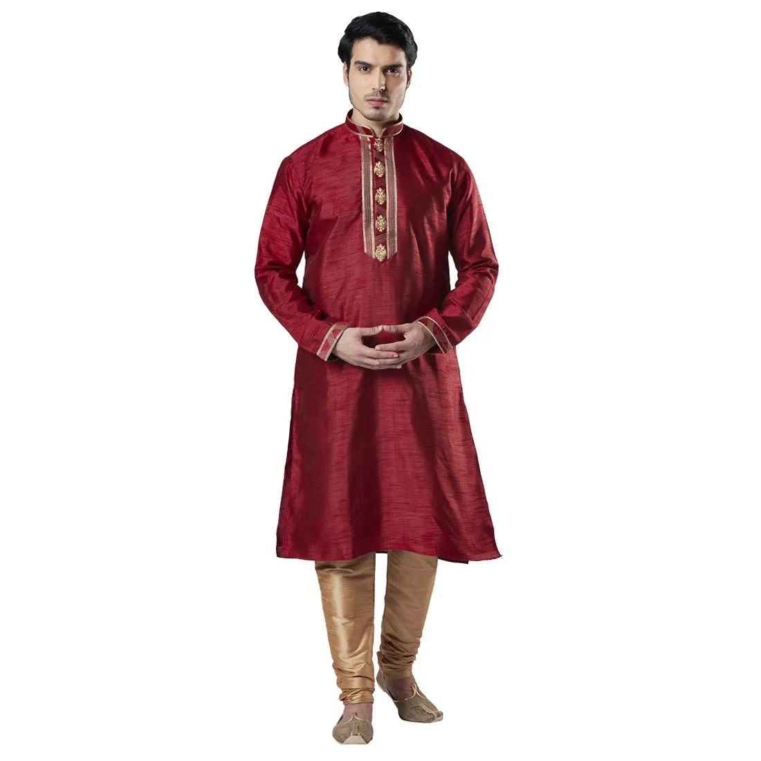 Men Maroon Polyester Blend Kurta