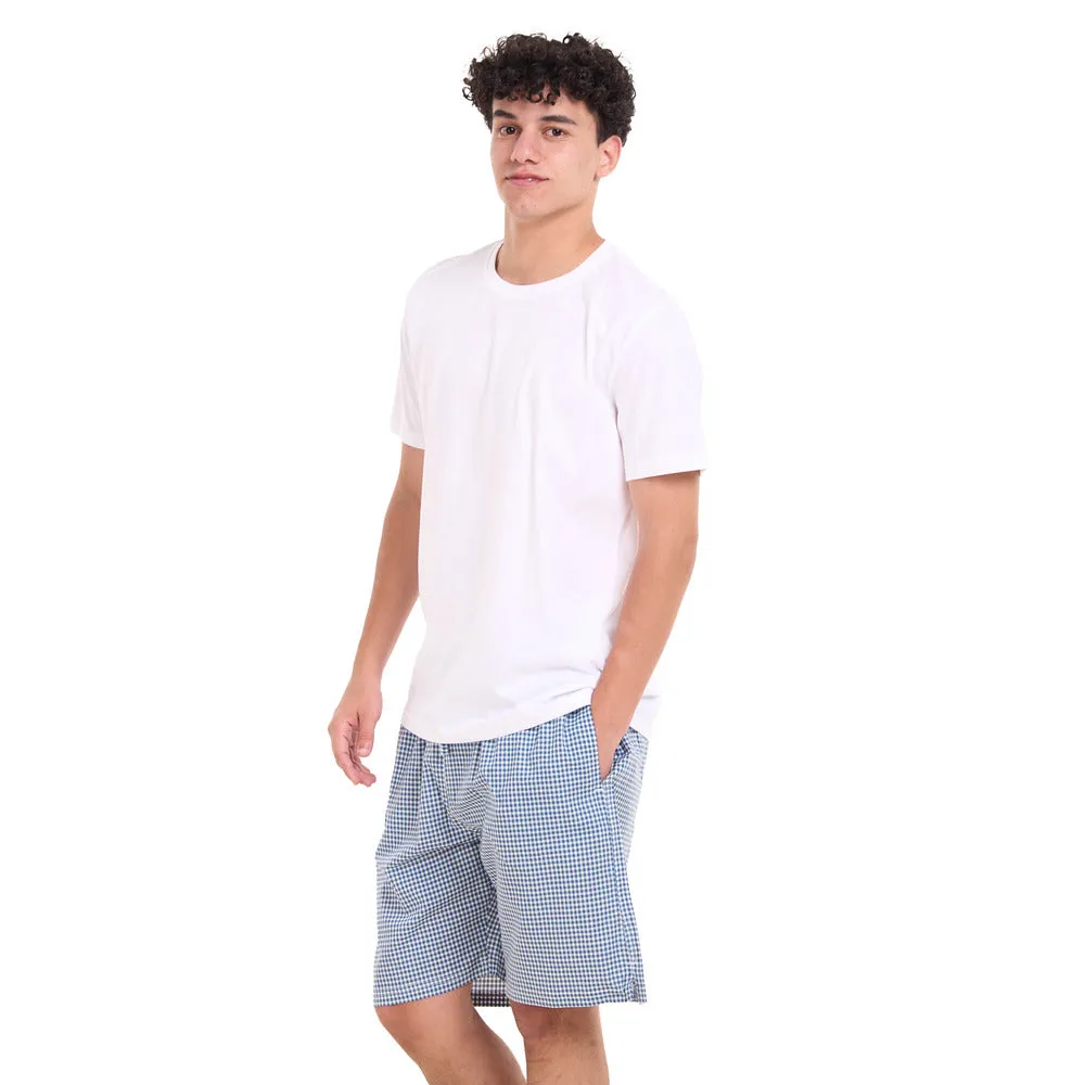 Men summer pajama set White T-shirt   Dark Blue x White Checkered shorts