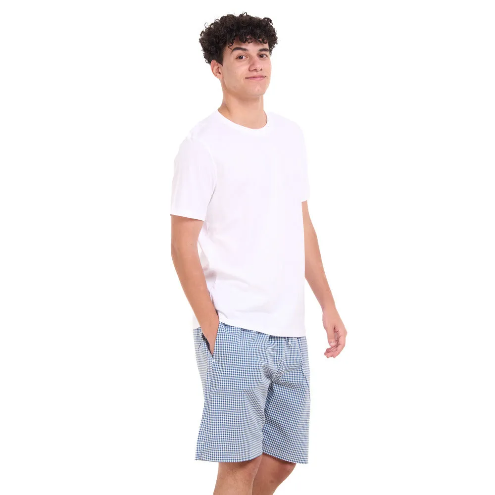 Men summer pajama set White T-shirt   Dark Blue x White Checkered shorts