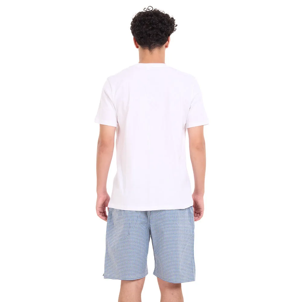 Men summer pajama set White T-shirt   Dark Blue x White Checkered shorts