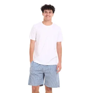 Men summer pajama set White T-shirt   Dark Blue x White Checkered shorts