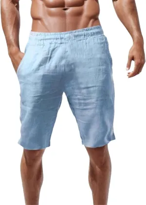 Mens Cotton Linen Shorts Casual Elastic Waist Lightweight Vacation Summer Beach Shorts with Pockets